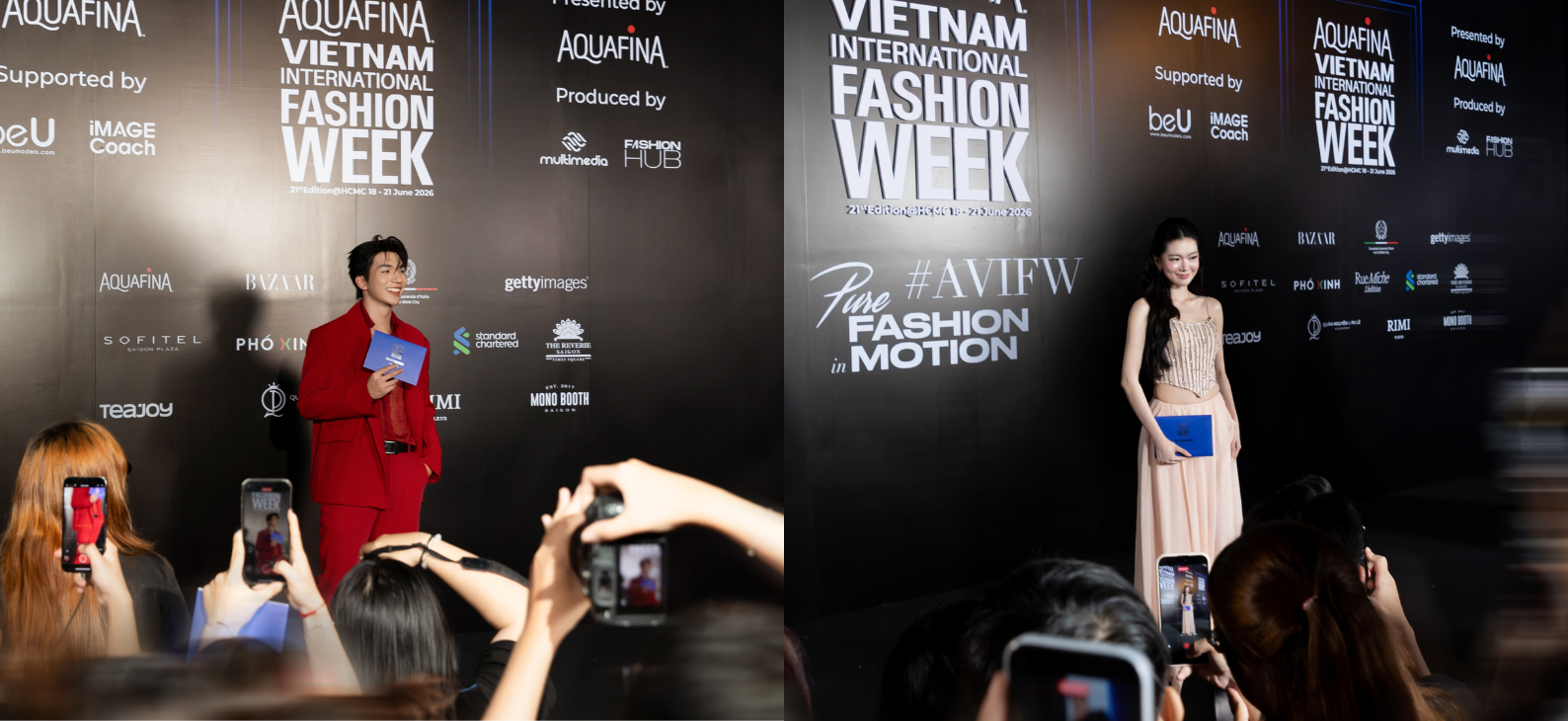 Đỗ Nhật Hoàng và Yên Đan check-in tại Aquafina Vietnam International Fashion Week