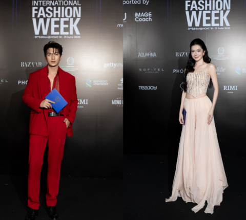 Đỗ Nhật Hoàng và Yên Đan check-in tại Aquafina Vietnam International Fashion Week